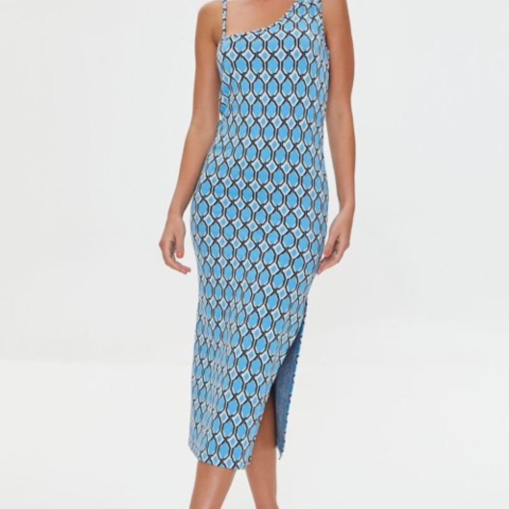 (NWT) Geo Print Slit Midi Dress FOREVER 21 Blue Size S